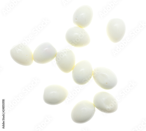 Peeled boiled eggs on a white background