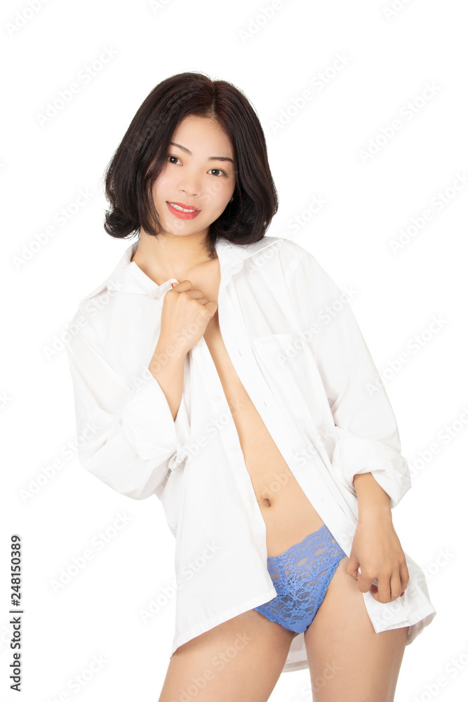 Chinese woman dressed in blue thong isolated on white background Chinese woman dressed in blue thong isolated on white background