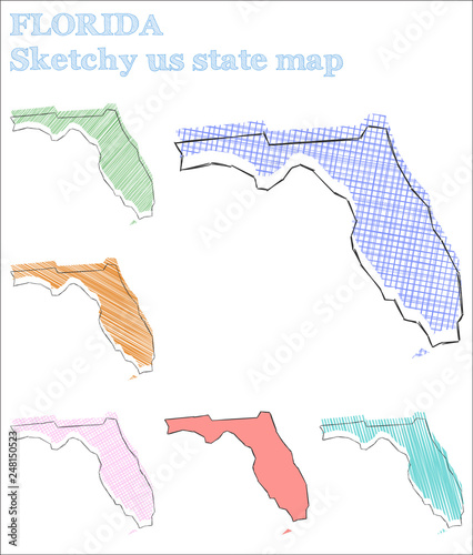 Extraordinary hand-drawn US state map of Florida in an indelible childish style vector illustration.