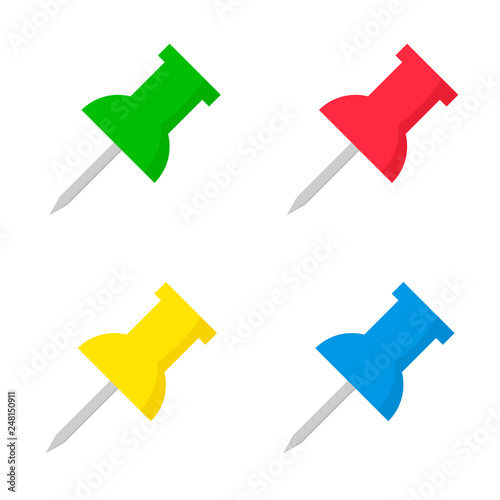 Set of push pins in different colorsisolated on white background photo