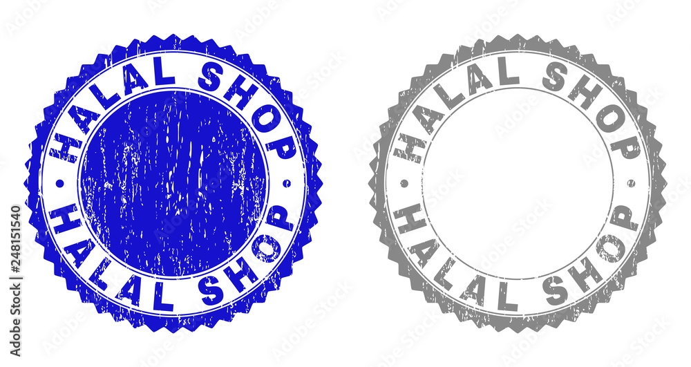 Grunge HALAL SHOP stamp seals isolated on a white background. Rosette seals with grunge texture in blue and gray colors. Vector rubber stamp imprint of HALAL SHOP label inside round rosette. Grunge HALAL SHOP stamp seals isolated on a white background. Rosette seals with grunge texture in blue and gray colors. Vector rubber stamp imprint of HALAL SHOP label inside round rosette.