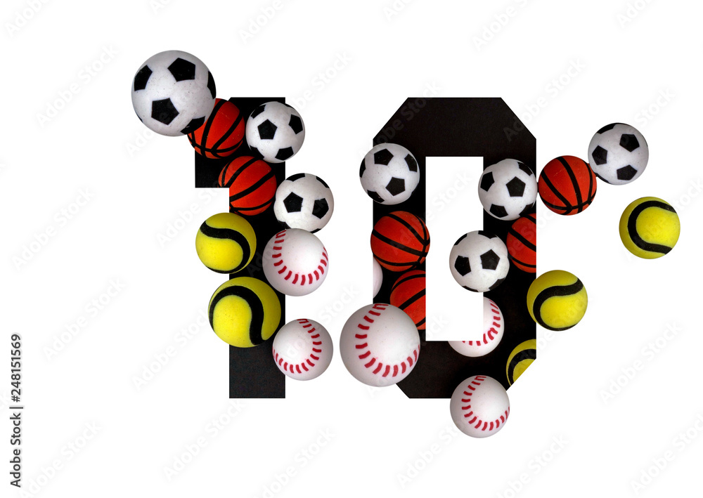 10 number ten, graphic black digit and creative typography with colourful balls on white background, basketball, football, baseball, tennis.