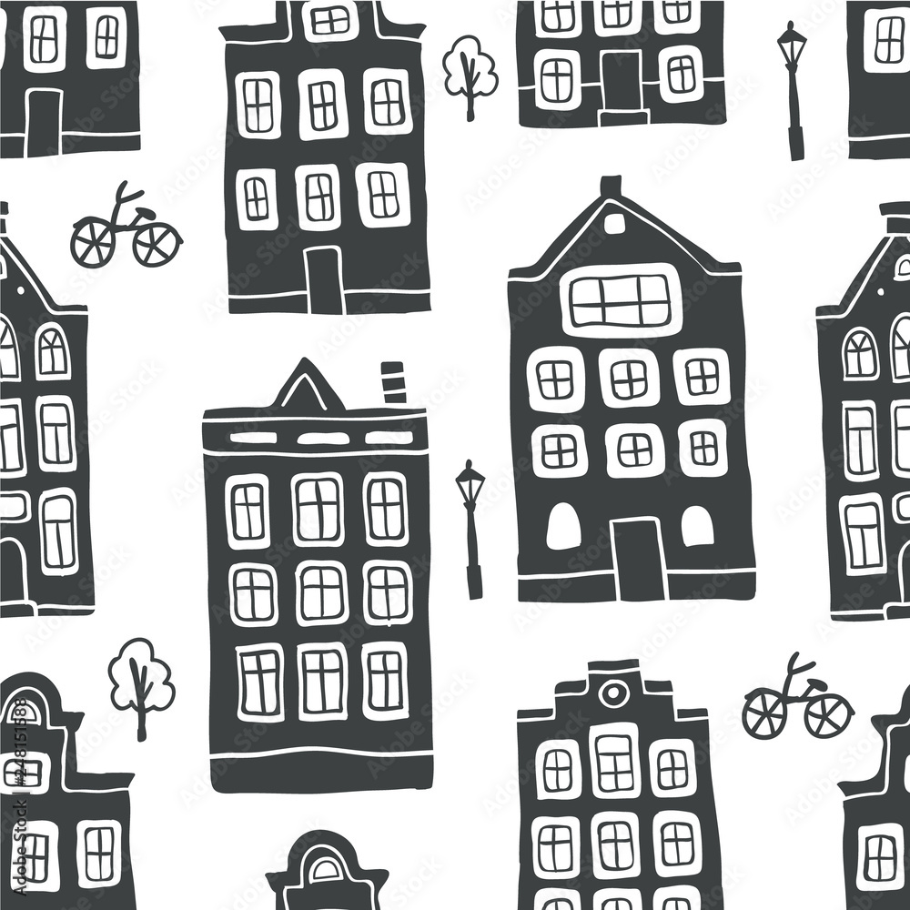 Seamless pattern with outline scandinavian houses
