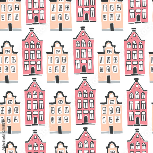 Seamless pattern with scandinavian houses