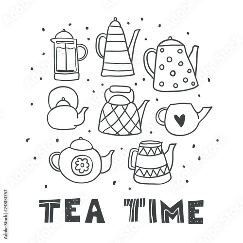 Set of cute outline hand drawn tea pots isolated