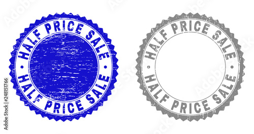 Grunge HALF PRICE SALE stamp seals isolated on a white background. Rosette seals with grunge texture in blue and gray colors.