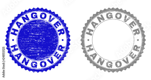 Grunge HANGOVER stamp seals isolated on a white background. Rosette seals with grunge texture in blue and gray colors. Vector rubber stamp imprint of HANGOVER title inside round rosette.
