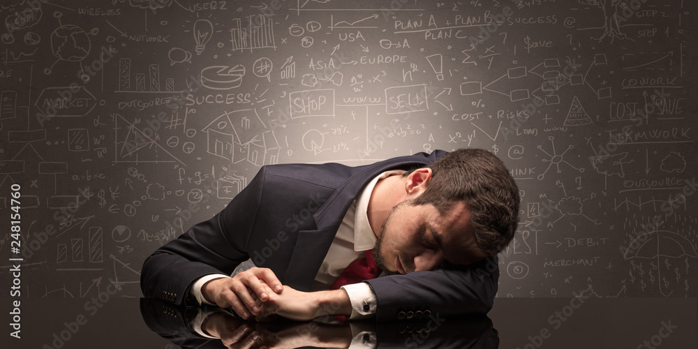 Elegant teacher fell asleep at his workplace with full draw blackboard concept
Elegant teacher fell asleep at his workplace with full draw blackboard concept
