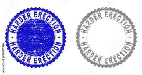 Grunge HARDER ERECTION stamp seals isolated on a white background. Rosette seals with distress texture in blue and grey colors.