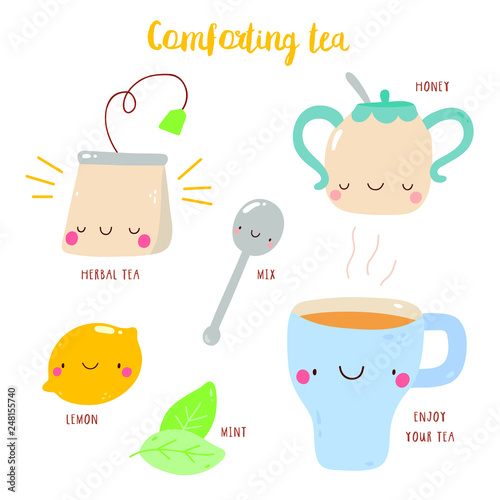 Comforting Tea - vector drawing. Cute illustration of a Tea recipe. Food characters.