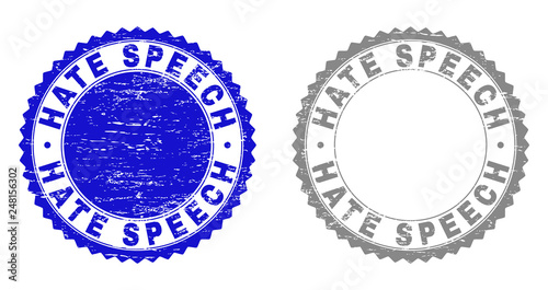 Grunge HATE SPEECH stamp seals isolated on a white background. Rosette seals with distress texture in blue and gray colors. Vector rubber stamp imprint of HATE SPEECH title inside round rosette.
