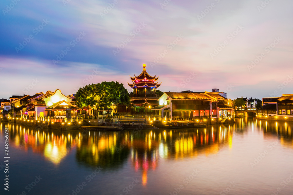 China's Ancient Town at Sunset, Night View, Suzhou, China's Water Town