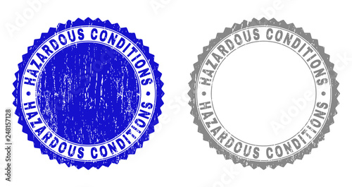 Grunge HAZARDOUS CONDITIONS stamp seals isolated on a white background. Rosette seals with grunge texture in blue and gray colors.