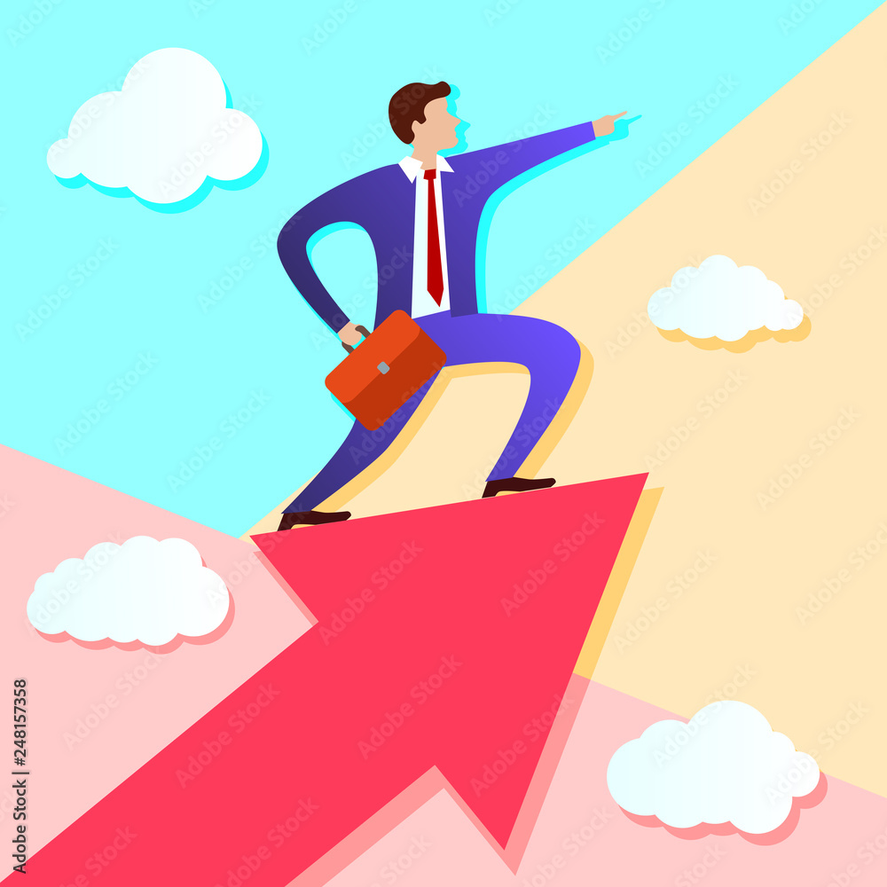 pastel minimal businessman stands on growing up Arrow and points forward in direction of movement with white clouds pastel minimal businessman stands on growing up Arrow and points forward in direction of movement with white clouds