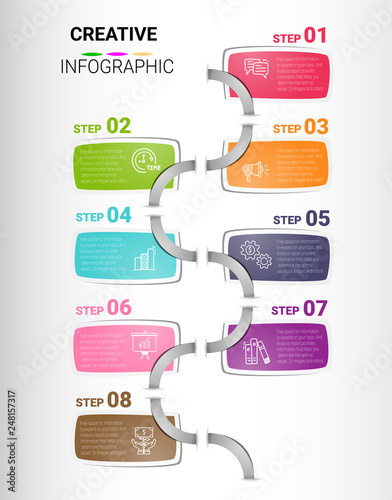 Abstract infographics number options template with steps, with 8 label. Can be used for workflow layout, diagram, business step options, banner, web design. Vector eps 10