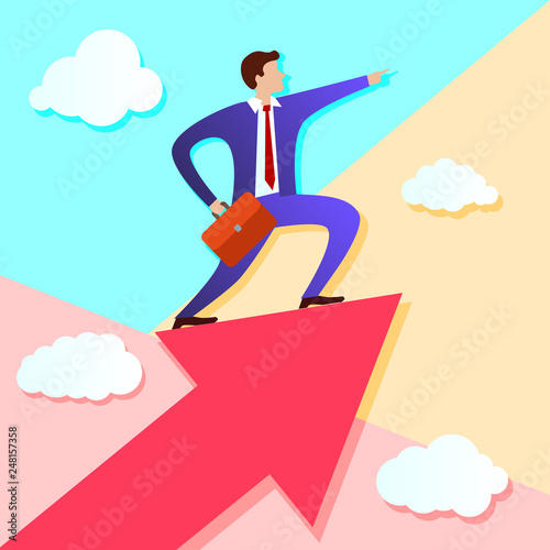 pastel minimal businessman stands on growing up Arrow and points forward in direction of movement with white clouds © sommersby