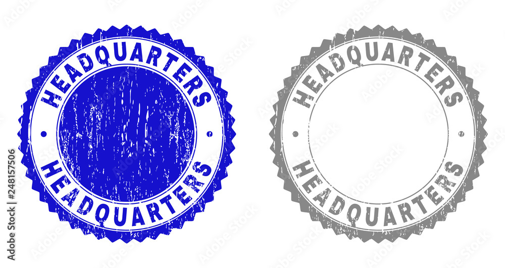 Obraz premium Grunge HEADQUARTERS stamp seals isolated on a white background. Rosette seals with grunge texture in blue and gray colors. Vector rubber watermark of HEADQUARTERS text inside round rosette.