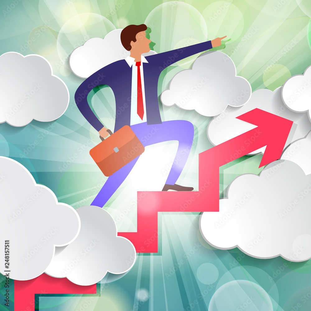 businessman stands on growing up Arrow and points forward in direction of movement among white paper clouds on beautiful spring green sunny rays light background businessman stands on growing up Arrow and points forward in direction of movement among white paper clouds on beautiful spring green sunny rays light background
