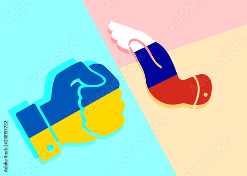 design graphic representation of concept depicting protection from aggressor, in this case hand painted in colors of Russian flag tries to soften aggressive fist painted in colors of Ukrainian flag