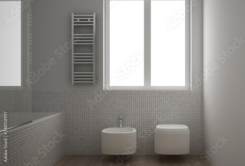 Modern minimalist bathroom with parquet oak wood floor and white mosaic tiles  window and bathtub  contemporary architecture interior design