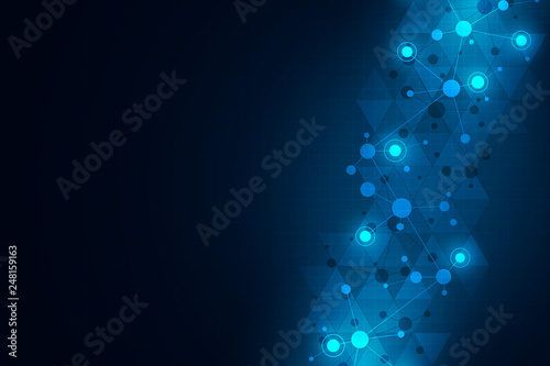 Abstract technology background with molecular structures and neural network. Molecules DNA and genetic engineering.