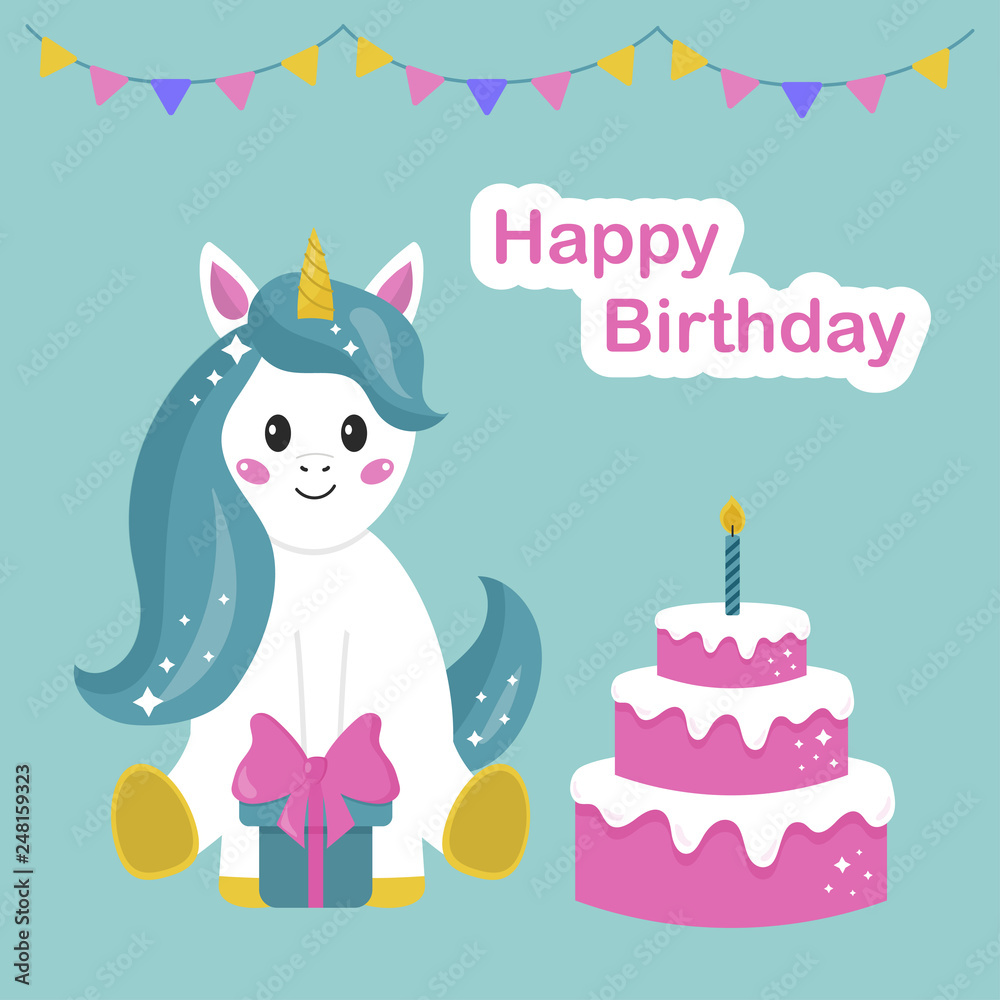 Happy Birthday. Greeting card with cute cartoon unicorn, cake and gift.  Vector illustration. Stock Vector | Adobe Stock