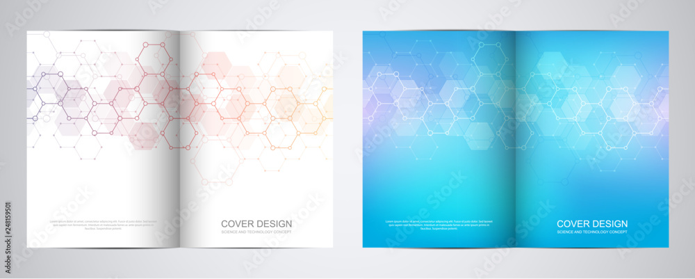 Bi fold brochure template with hexagons pattern. Geometric abstract background of molecular structures and chemical compounds.
