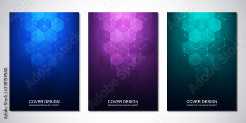 Vector templates for cover or brochure, with hexagons pattern. Hi-tech background of molecular structures and chemical engineering. Science and technology concept.