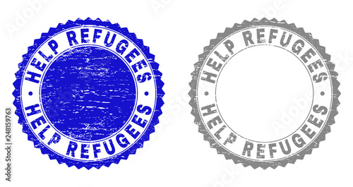 Grunge HELP REFUGEES watermarks isolated on a white background. Rosette seals with grunge texture in blue and grey colors. Vector rubber stamp imitation of HELP REFUGEES caption inside round rosette.