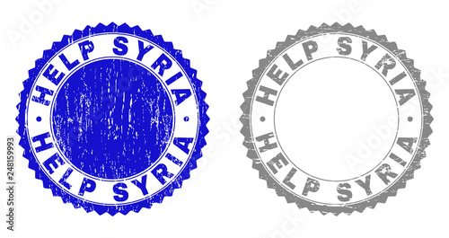 Grunge HELP SYRIA stamp seals isolated on a white background. Rosette seals with grunge texture in blue and grey colors. Vector rubber stamp imitation of HELP SYRIA title inside round rosette.