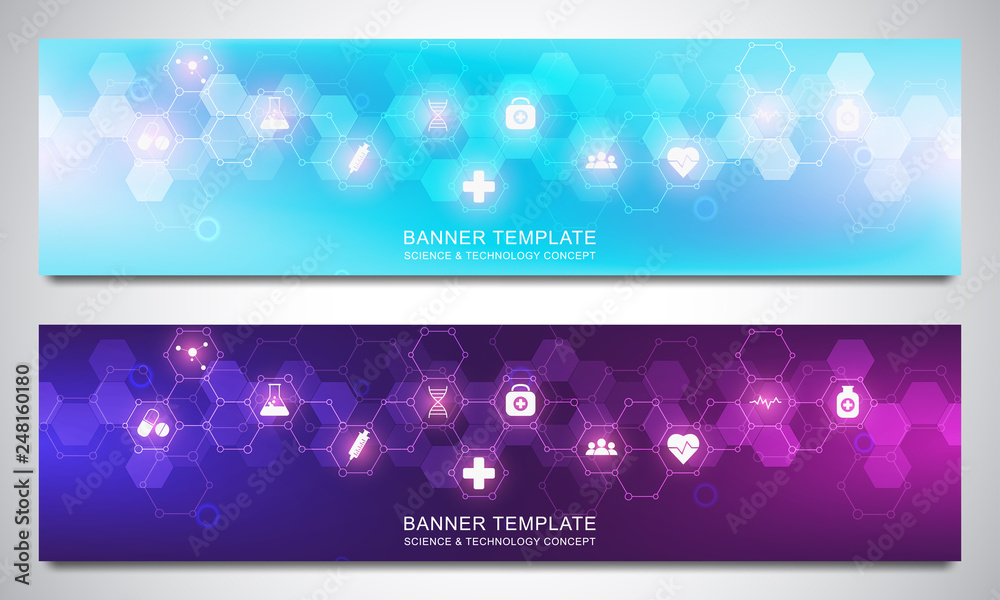 Banners design template with hexagons pattern and medical icons. Healthcare, science and technology concept.