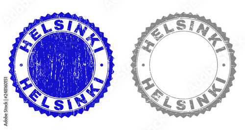 Grunge HELSINKI stamp seals isolated on a white background. Rosette seals with grunge texture in blue and gray colors. Vector rubber overlay of HELSINKI tag inside round rosette.