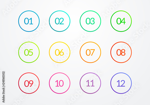 Vector Illustration Clear Flat Outline Bullet Point Circle Number 1 to 12. Web Element