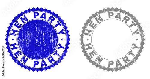 Grunge HEN PARTY stamp seals isolated on a white background. Rosette seals with distress texture in blue and grey colors. Vector rubber stamp imprint of HEN PARTY title inside round rosette.