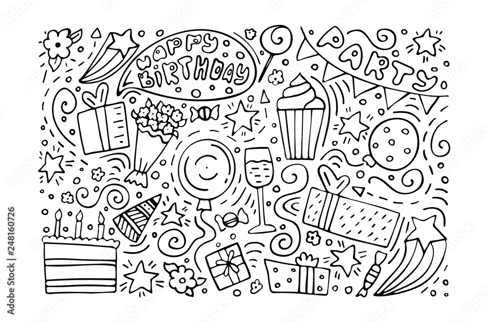Hand-drawn set of Birthday ink doodles. Happy Birthday greeting card. Monochrome