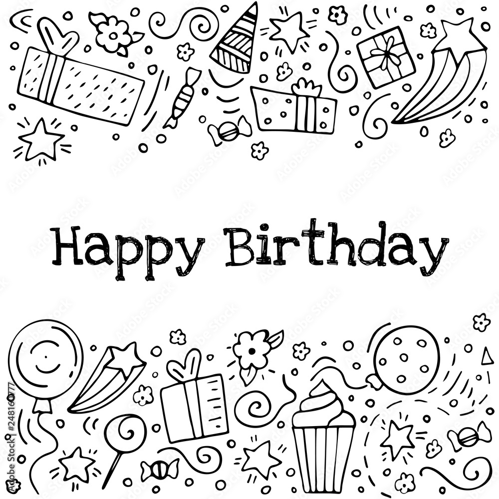 Hand-drawn set of Birthday ink doodles. Happy Birthday greeting card. Black -and-white Stock Vector | Adobe Stock