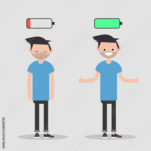 young character in two versions tired and active with battery icon above,full and low battery concept.flat cartoon design