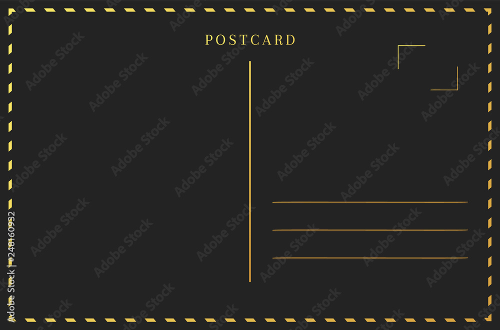 Black and gold postcard back. Travel card border frame