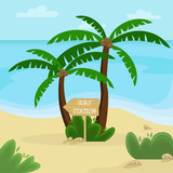 Beach landscape. Palm trees with a wooden pointer to the surf station. Flat vector illustration.