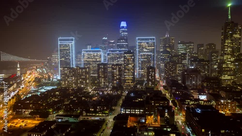 San Francisco Aerial v75 Hyperlapse cityscape at night moving away from Financial District toward Telegraph Hill to Bay12/18 photo