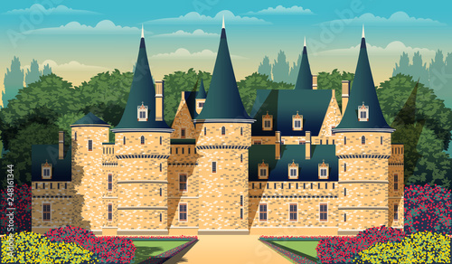 Medieval romantic old chateau with garden, flowering shrubs and trees. Flat design.