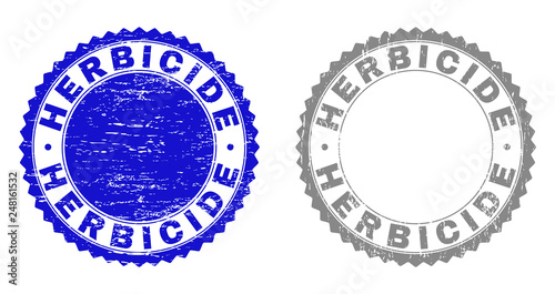Grunge HERBICIDE stamp seals isolated on a white background. Rosette seals with grunge texture in blue and gray colors. Vector rubber watermark of HERBICIDE text inside round rosette.