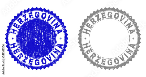 Grunge HERZEGOVINA stamp seals isolated on a white background. Rosette seals with grunge texture in blue and gray colors. Vector rubber stamp imprint of HERZEGOVINA text inside round rosette.