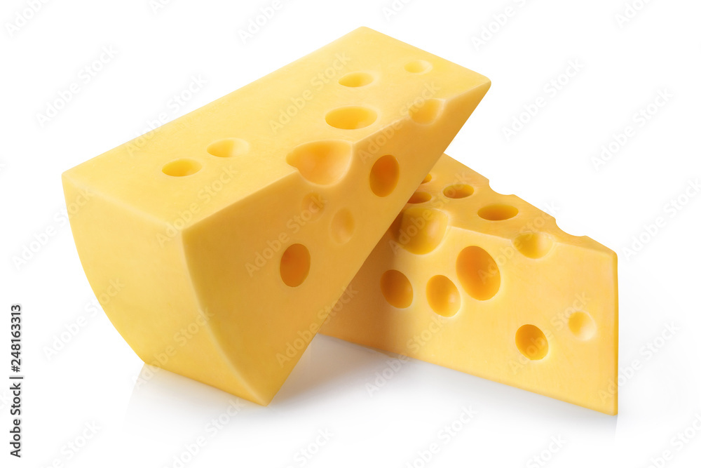Two delicious pieces of cheese, isolated on white background Two delicious pieces of cheese, isolated on white background