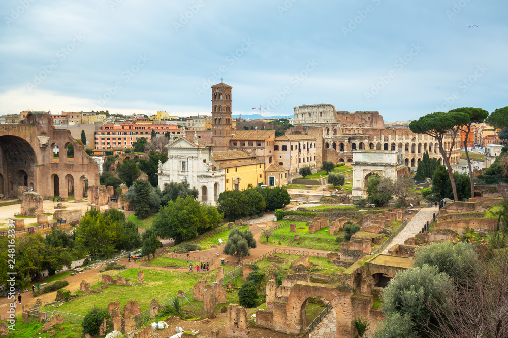 The Roman Forum and Colosseum in  Rome, Italy