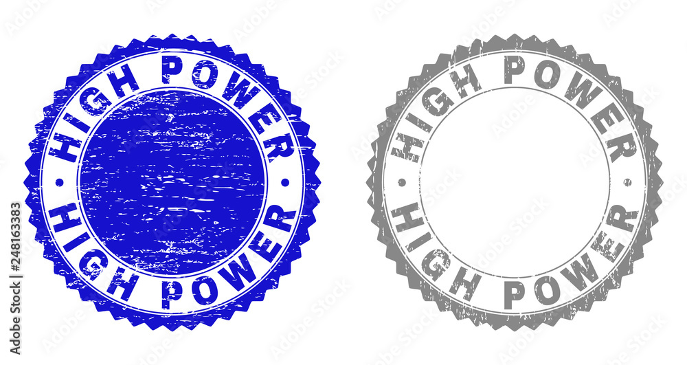 Grunge HIGH POWER stamp seals isolated on a white background. Rosette seals with grunge texture in blue and gray colors. Vector rubber stamp imprint of HIGH POWER text inside round rosette.