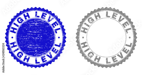 Grunge HIGH LEVEL stamp seals isolated on a white background. Rosette seals with grunge texture in blue and gray colors. Vector rubber stamp imitation of HIGH LEVEL tag inside round rosette.