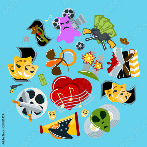 Cinema infigraphic concept vector illustration. Film genres such as drama detective horror melodrama western fantasy historical catastrophe crime comedy science fiction poster, banner.