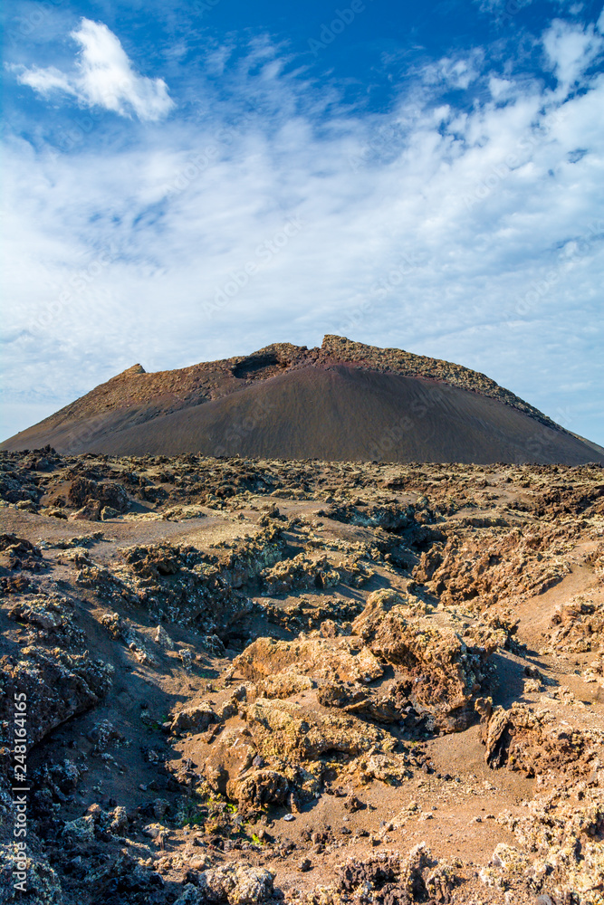 Beautiful landscape with volcano El Cuervo in Lanzarote, Canary Islands in Spain.