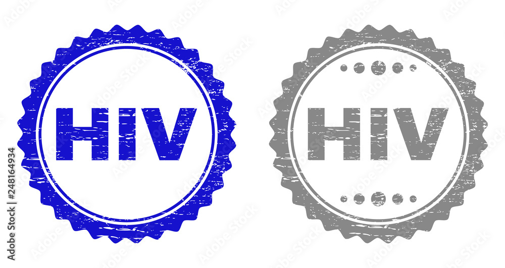 Grunge HIV stamp seals isolated on a white background. Rosette seals with grunge texture in blue and grey colors. Vector rubber stamp imprint of HIV tag inside round rosette.